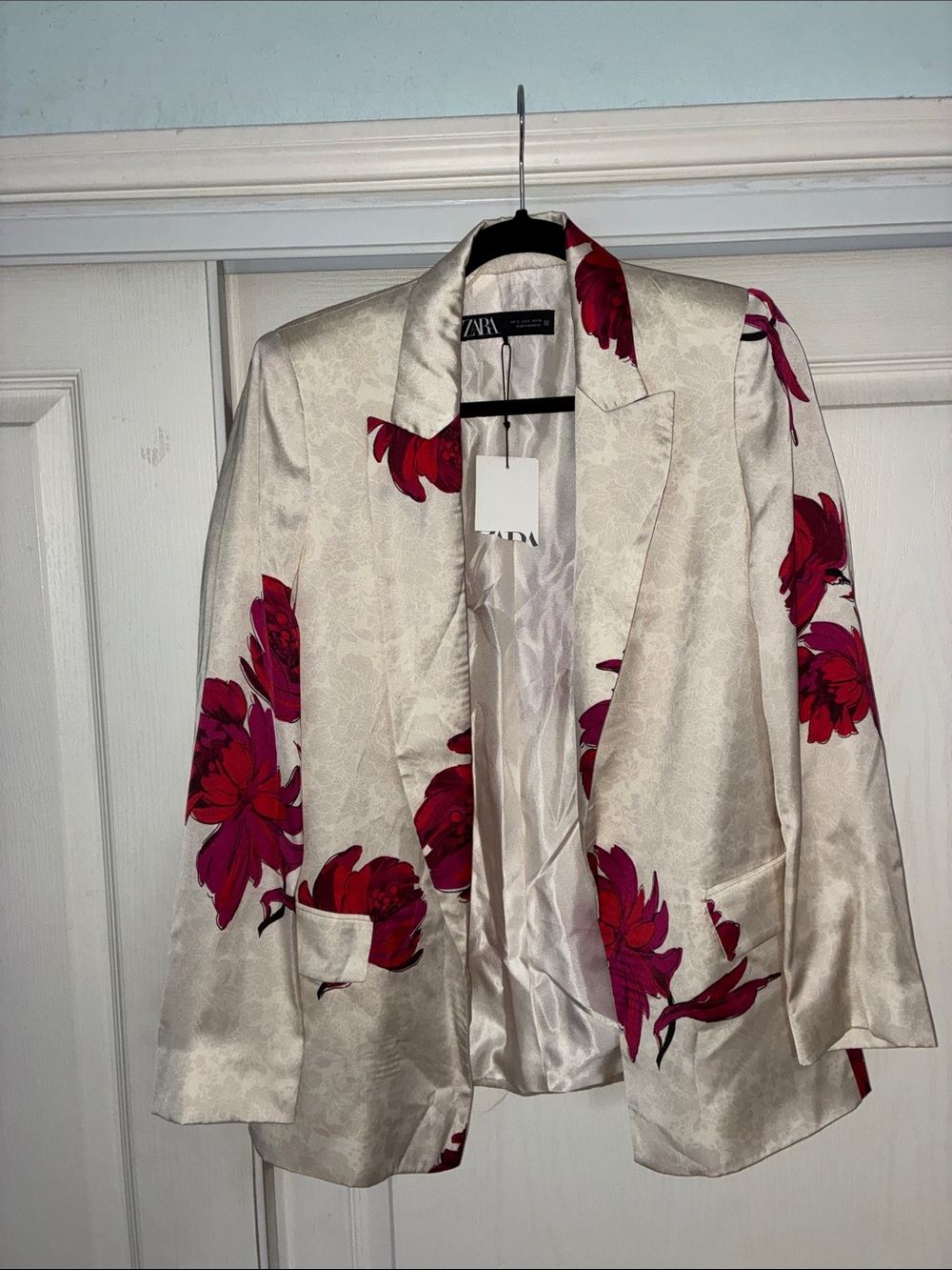 Zara Cream Satin Blazer with Red Floral Accents